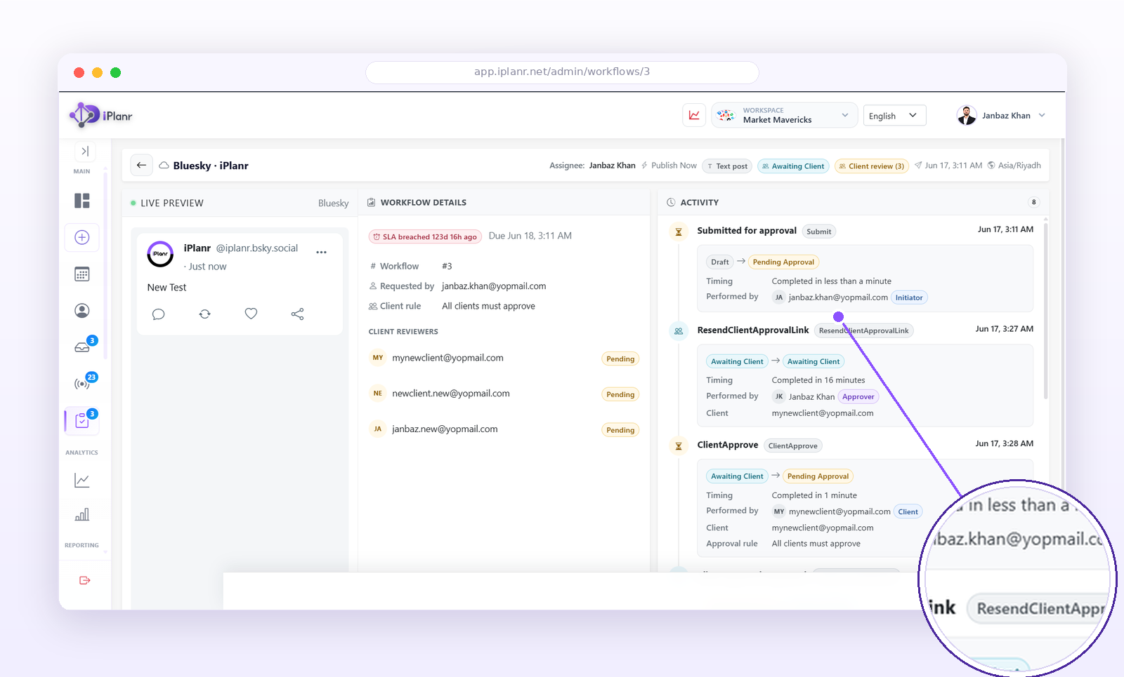 The workflow detail view with client reviewers and activity