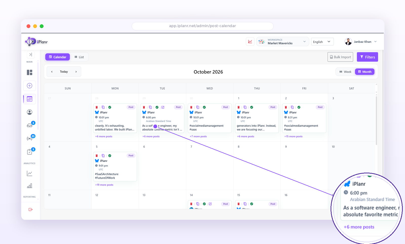 The content calendar in week view